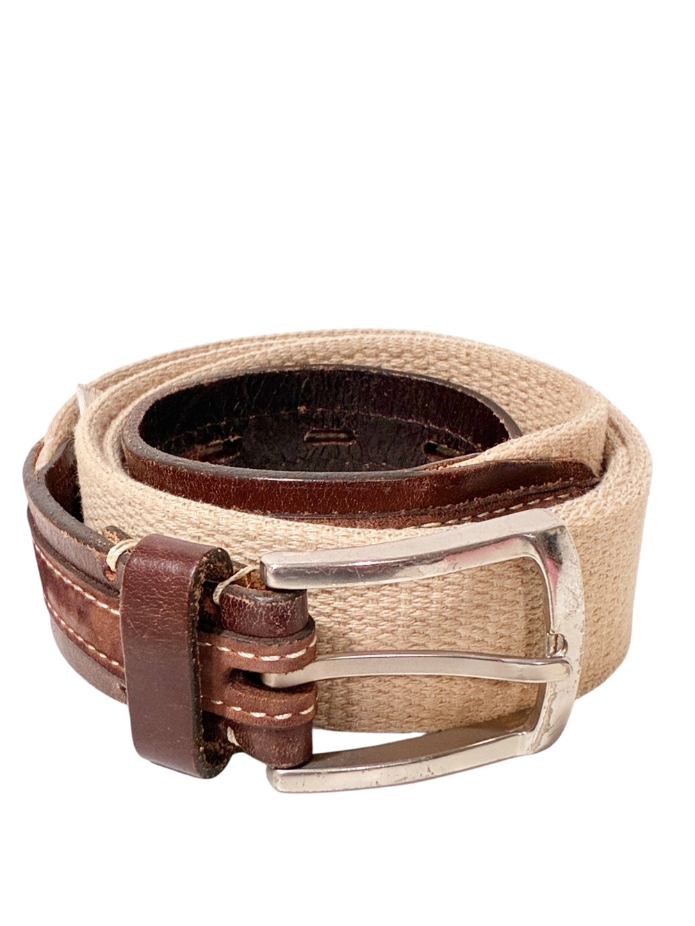 Fossil Beige Men’s Belt Brown Leather Trim Fabric